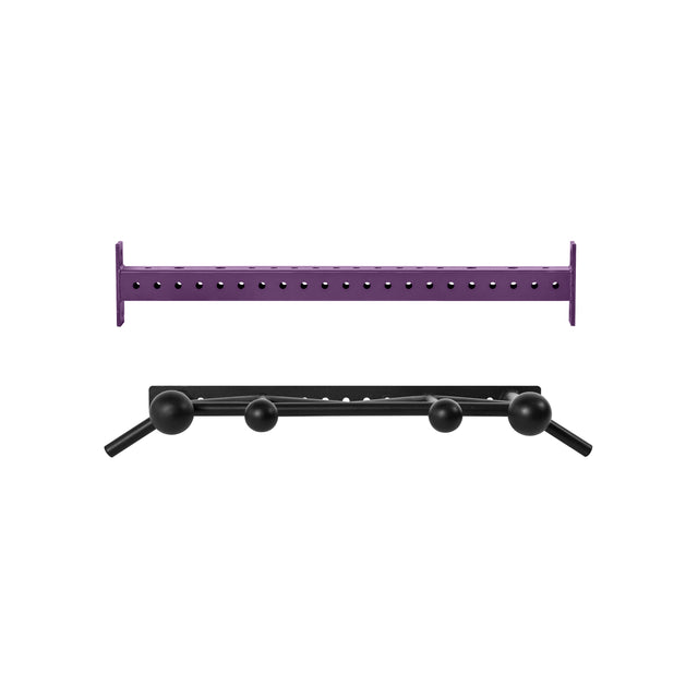 The Bells of Steel Coloured Globe Pull up Bar, a purple metal bar with evenly spaced holes, is shown next to a black pull-up attachment with spherical grips and angled ends, both isolated on a white background.