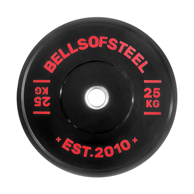The Bells of Steel Dead Bounce Conflict Bumper Plate is black with red "Bells of Steel," "25 KG," and "EST. 2010" text. Made from durable virgin rubber, it features a metal center ring for easy placement on a barbell.