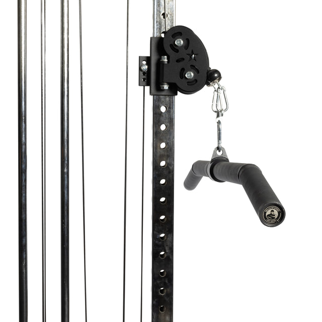 Close-up of the Bells of Steel Fat Bar - Lat Pulldown Bar attached to a gym rack, featuring a black textured grip handle with carabiner and pulley system—perfect for enhancing grip strength during strength training.