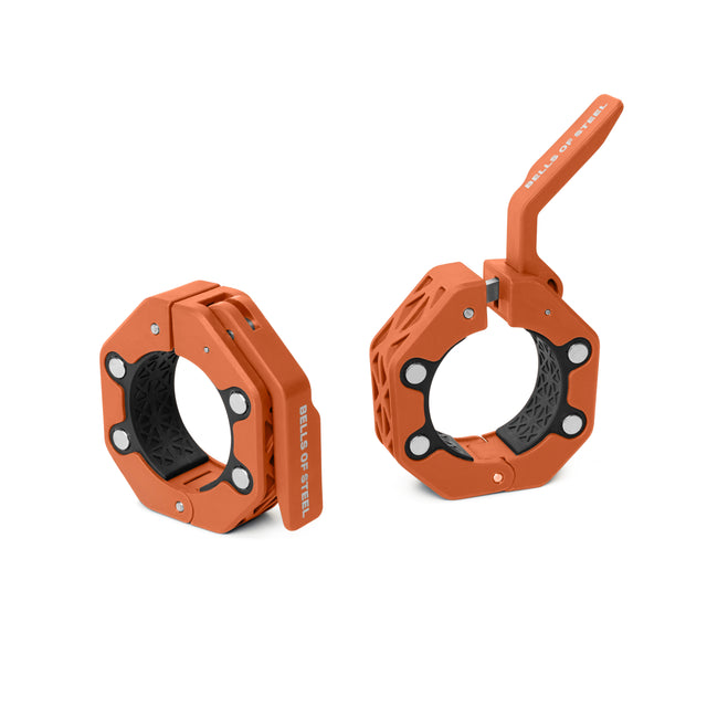 Two orange, hexagonal Magnetic Clamp Collars from Bells of Steel—one closed, one open with a raised locking lever—both feature black textured inner grips for secure lifting and premium barbell support.