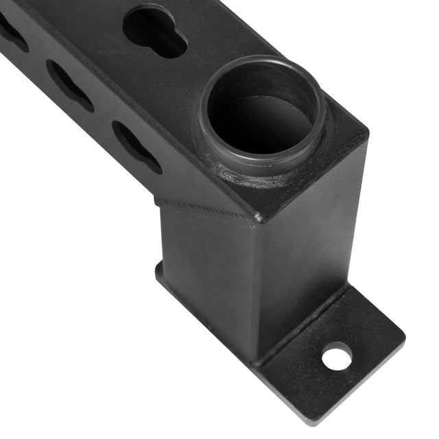 Close-up of a black metal bracket with cylindrical socket and mounting holes, designed for Bells of Steel Front Foot Stabilizers—ideal for adding barbell storage or other attachments to your power rack.