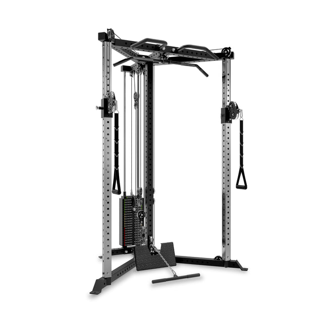 The Bells of Steel All-in-One Trainer is a versatile strength machine with adjustable pulleys, weight stacks, pull-up bars, and multiple attachments—ideal for home gyms—shown against a white background.