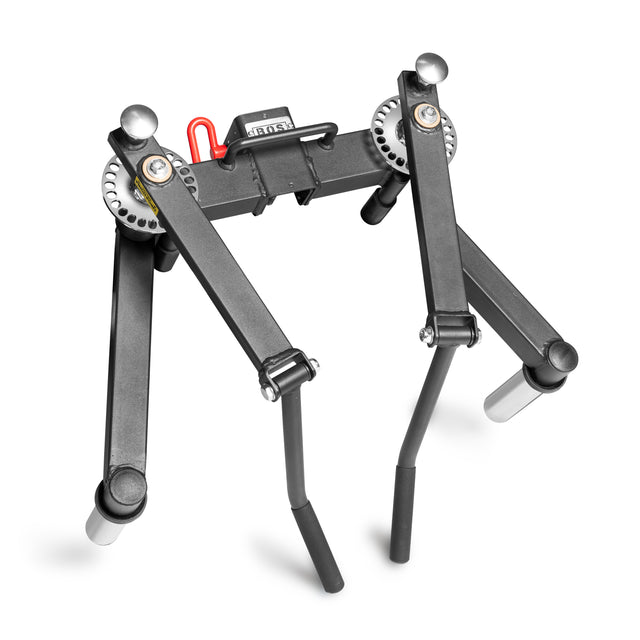 A Bells of Steel Shoulder Boulder/Chest Fly Attachment with adjustable metal arms, rounded pivots, and rubberized ends—comparable in precision to a power rack accessory—shown against a white background.