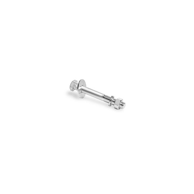 The Bells of Steel Hydra Hardware set includes a stainless steel bolt, washer, and two hex nuts, perfect as a rack attachment pin, displayed on a plain white background.