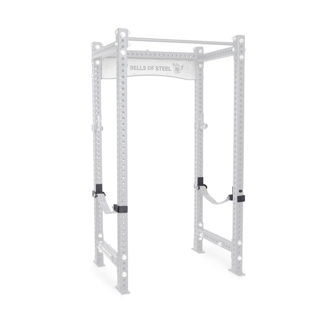 The Bells of Steel Safety Strap Connectors are heavy-duty steel rack attachments featuring adjustable straps and multiple mounting holes, designed for weightlifting and fitness training.