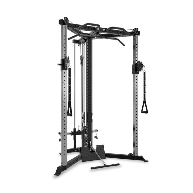 The Bells of Steel All-in-One Trainer is a versatile home gym and functional trainer with adjustable pulleys, pull-up bars, a squat stand, and multiple cable attachments for diverse strength training exercises.