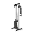 The Bells of Steel Cable Tower is a compact, black-and-silver unit with adjustable pulleys, weight stack, and handles—perfect for versatile strength training while saving space.