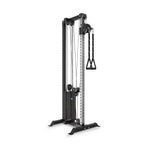 The Bells of Steel Cable Tower is a tall, black and silver machine with adjustable pulleys, weight stack, and single handle, designed for versatile strength training exercises.