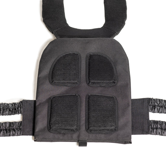 The Bells of Steel Weighted Vest and Plates, shown on a white background, features mesh padding panels, adjustable shoulder straps for a custom fit, and elastic side bandsâan ideal workout accessory.