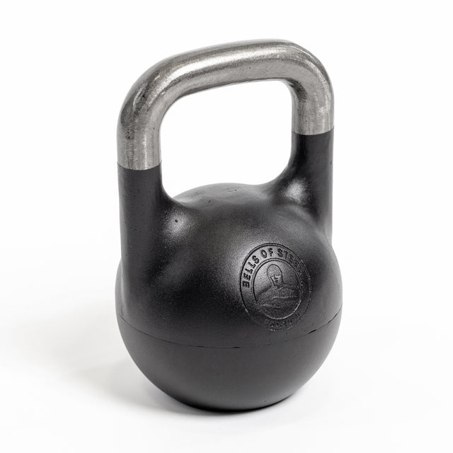 The Mark Wildman Adjustable Kettlebell, featuring the "Bells of Steel" logo, rests on a white background. Its sleek black design with a silver handle caters to both beginners and seasoned athletes, making it an adaptable workout companion for any fitness routine.