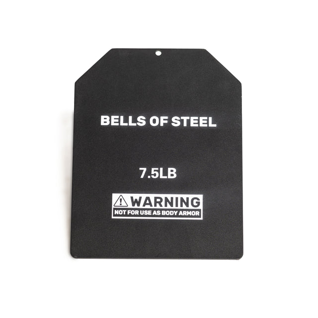 The Bells of Steel Weighted Vest and Plates features a black steel plate labeled "BELLS OF STEEL 7.5LB" with a warning, making it an ideal workout accessoryâshown on a white background.