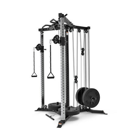A multifunctional cable machine with adjustable pulleys, weight stacks, handles, and metal frame designed for strength training exercises in a gym or fitness center.