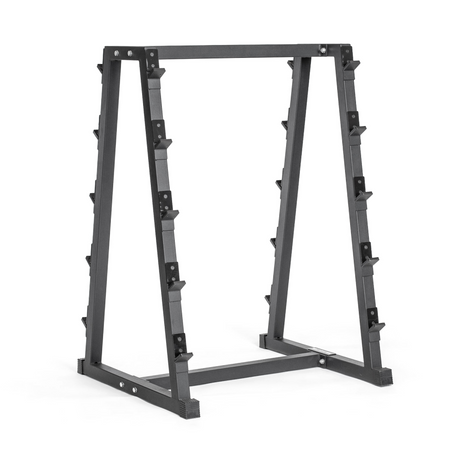 A black, A-frame dumbbell rack with multiple angled tiers for holding weights, standing on a white background.