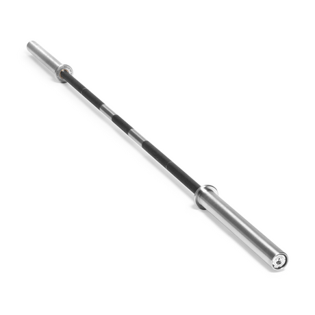 A standard Olympic-style barbell with silver sleeves and a black knurled grip shaft, photographed on a white background.