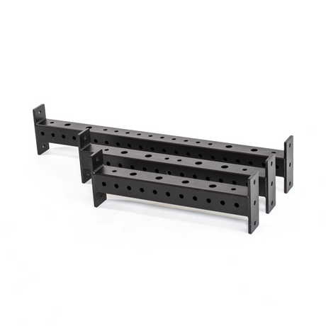 Three black rectangular steel beams with evenly spaced circular holes and flat mounting plates at both ends are arranged parallel to each other on a white background.