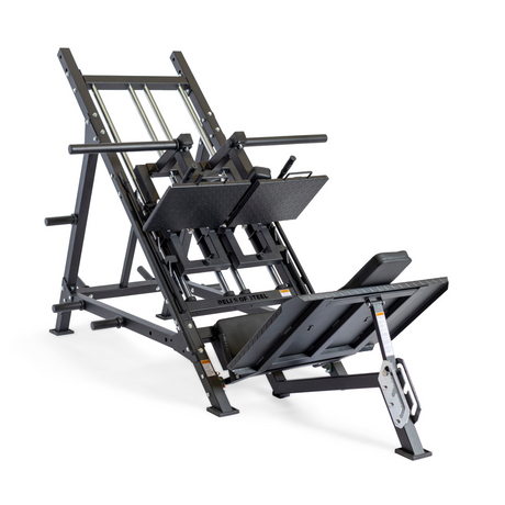 A black leg press and hack squat gym machine with padded shoulder supports, footplates, and a sturdy metal frame on a white background.