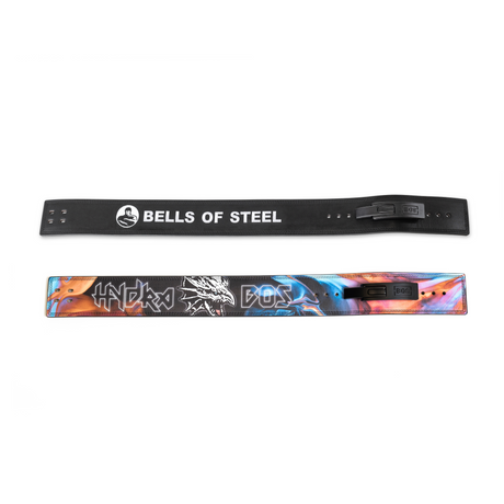 Two weightlifting belts are shown side by side. The top belt is black with “BELLS OF STEEL” in white. The bottom belt features colorful graffiti-style art and the words “HYPRO DOG.” Both have black buckles.