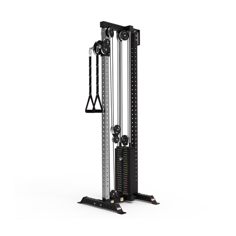 A black and silver cable pulley machine with adjustable weights and handles, designed for strength training and gym workouts, is shown on a white background.