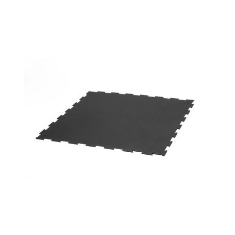 A single black interlocking rubber floor tile is shown on a plain white background. The tile has notched edges for easy connection with other tiles.