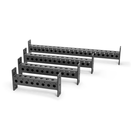 Four black metal brackets with multiple numbered holes in a row, each bracket progressively shorter in length, displayed on a white background.