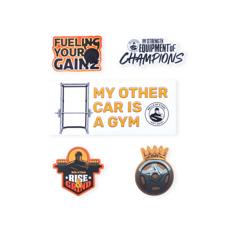 Five gym-themed stickers: “FUELING YOUR GAINS,” “STRENGTH EQUIPMENT OF CHAMPIONS,” a gym rack, “MY OTHER CAR IS A GYM,” “RISE & GRIND,” and a weight plate with a gold crown.