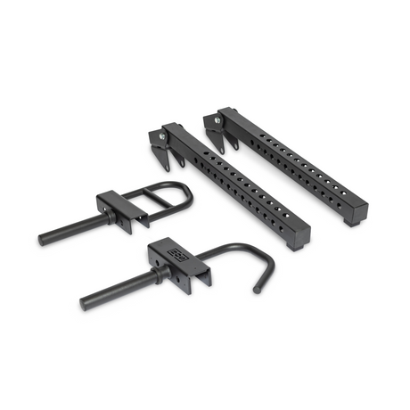 Two black metal j-hooks and two spotter arms with multiple holes, designed for use with a squat rack or power rack for weightlifting safety and support.