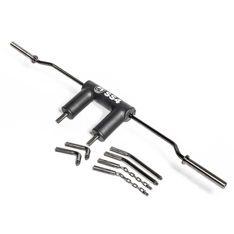 A specialty safety squat barbell with padded shoulder rests labeled "SS4," shown with multiple interchangeable handles and attachments on a white background.