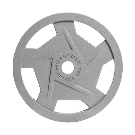 A silver 45 lb weight plate with geometric cutouts and "BELLS OF STEEL 45LB" embossed in the center. The plate has a modern, angular design.