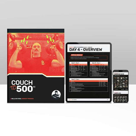 Fitness program materials are shown, including a booklet with a man lifting weights, a workout overview sheet titled "Day 4 - Overview," and a smartphone displaying an exercise bank.