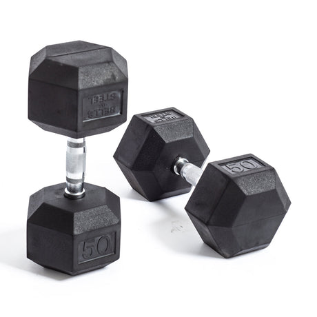 Two black hexagonal rubber-coated 50-pound dumbbells with silver handles are shown, one standing upright and the other lying down on a white background.