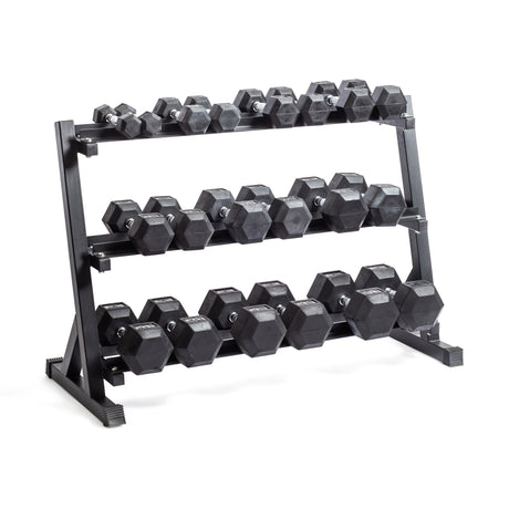 A black metal rack holding three rows of hexagonal rubber dumbbells of various weights, arranged neatly on a white background.