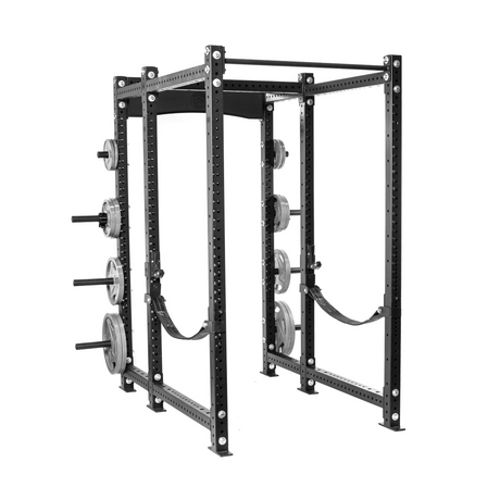 A black metal power rack with reinforced frames, weight plate holders on the sides, and safety straps, designed for heavy weightlifting and strength training exercises.