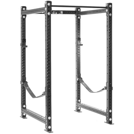 A black metal power rack for weightlifting, featuring four upright posts with numerous adjustment holes, safety straps, and a pull-up bar on top.