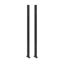 Two tall, black metal Hydra Vertical Uprights by Bells of Steel stand side by side on rectangular base plates with evenly spaced holes—ideal components for shelving, rack systems, or 3x3 rack attachments.
