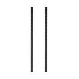 Two black metal Hydra Vertical Uprights by Bells of Steel feature evenly spaced holes, likely for a modular shelving or storage system. They stand parallel against a plain white background, ready for rack attachments.