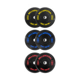 Six Bells of Steel Dead Bounce Conflict Bumper Plate Sets—yellow (15 kg), blue (20 kg), and red (25 kg)—come in pairs, read "EST. 2010," and deliver a reliable dead bounce for safer lifts.