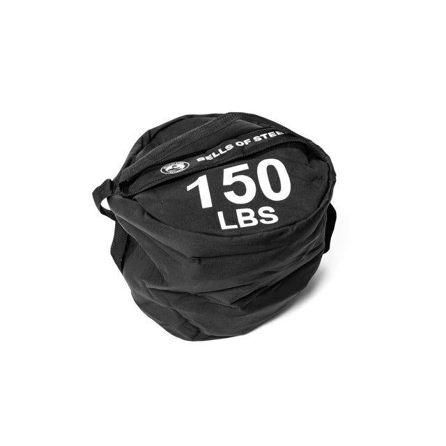 A Bells of Steel Fitness Sandbag, black with "BELLS OF STEEL" and "150 LBS" in white text, features sturdy black handles and durable construction, displayed on a white background.