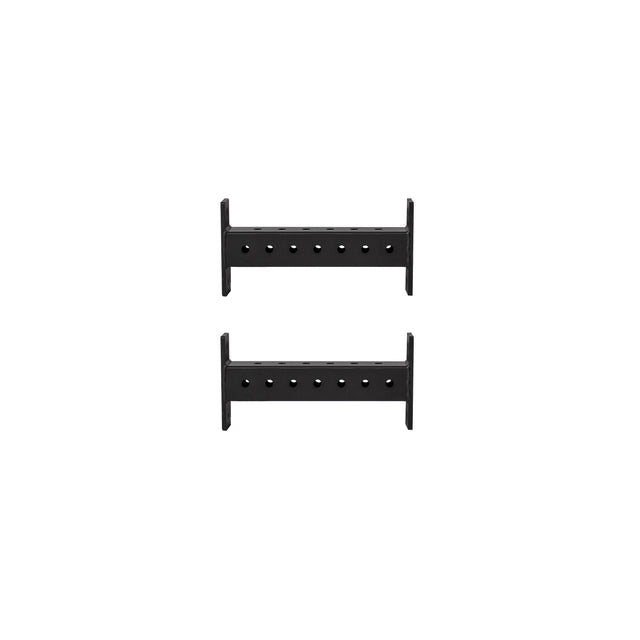 The Bells of Steel Hydra Crossmembers are black metal bars featuring six circular holes in a row, shown parallel on a white background—perfect for a 3x3 power rack setup.