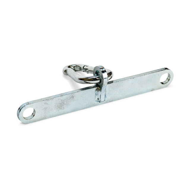 The Bells of Steel 2 to 1 Cable Attachment Adapter is a metal bracket with dual holes on each end and a central loop with a carabiner, designed for use with the Cable Tower. The adapter is displayed on a white background.