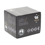 The Bells of Steel Foam Soft Plyo Box (16 x 18 x 20) is a versatile gym accessory in black leather featuring white and orange text with "sixteen" and "16 inch," a circular "LEVELS OF STEEL EST. 2020" logo, and dense foam surfaces adorned with diagonal arrow designs.