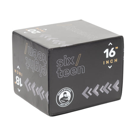 The Bells of Steel Foam Soft Plyo Box (16 x 18 x 20) is a versatile gym accessory in black leather featuring white and orange text with "sixteen" and "16 inch," a circular "LEVELS OF STEEL EST. 2020" logo, and dense foam surfaces adorned with diagonal arrow designs.