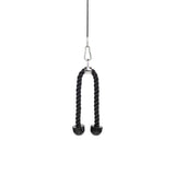 The Bells of Steel Tricep Rope Extension with rubber ends hangs vertically from a metal clip against a plain white background, ideal as a cable machine attachment for effective tricep workouts.