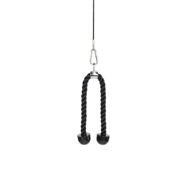 The Bells of Steel Tricep Rope Extension with rubber ends hangs vertically from a metal clip against a plain white background, ideal as a cable machine attachment for effective tricep workouts.