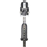 Close-up of the Bells of Steel Tricep Rope Extension, a black cable machine attachment hanging from a metal pegboard—featuring pulleys, carabiners, and a sturdy metal frame for effective strength training.