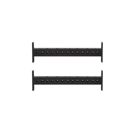 Two black metal brackets with circular holes, placed parallel on a white background, resemble Bells of Steel Hydra Crossmembers, popular as power rack attachments.