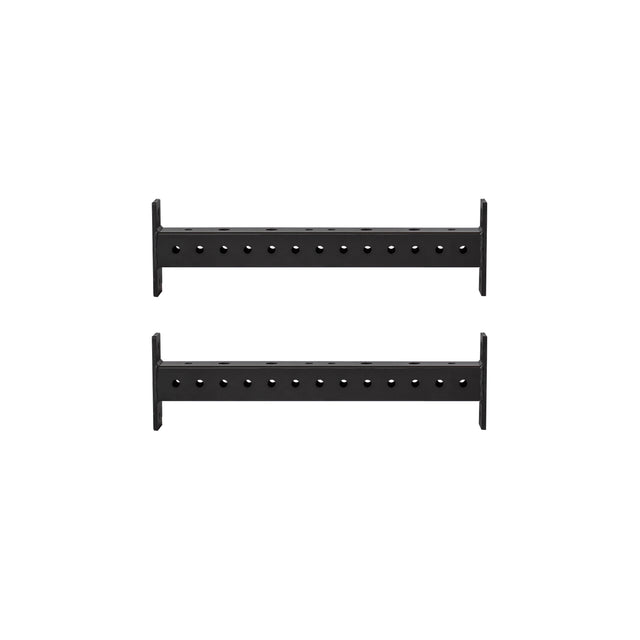 Two black metal brackets with circular holes, placed parallel on a white background, resemble Bells of Steel Hydra Crossmembers, popular as power rack attachments.