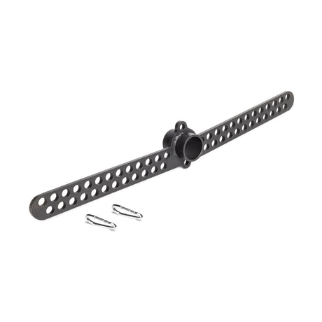 The Bells of Steel 30 D-Handle Bar Cable Attachment features two perforated black metal arms and a central cylindrical hub, ideal for cable machines. Includes two metal carabiners, all shown on a white background.