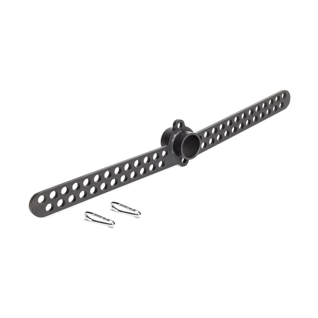 The Bells of Steel 30 D-Handle Bar Cable Attachment with Carabiners features a black plastic mounting arm with dual rows of round holes, a central cylindrical hub, and two metal clips, displayed on a white background.
