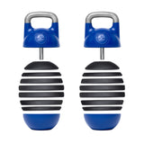 The Bells of Steel Adjustable Competition Kettlebell includes blue and black striped iron weight plates, offering a sleek design. It features a silver handle and top button for easy weight adjustment.
