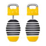 The Bells of Steel Adjustable Competition Kettlebell features a distinctive design with a yellow rounded base, black horizontal discs for easy weight increments, and a yellow handle with a round lock at the top for a competition-style feel. Available in two yellow and black variants.